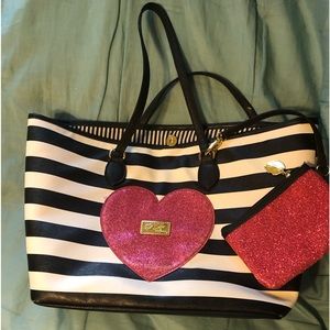 Luv Betsey by Betsey Johnson Black & White stripe, red glitter heart Tote bag